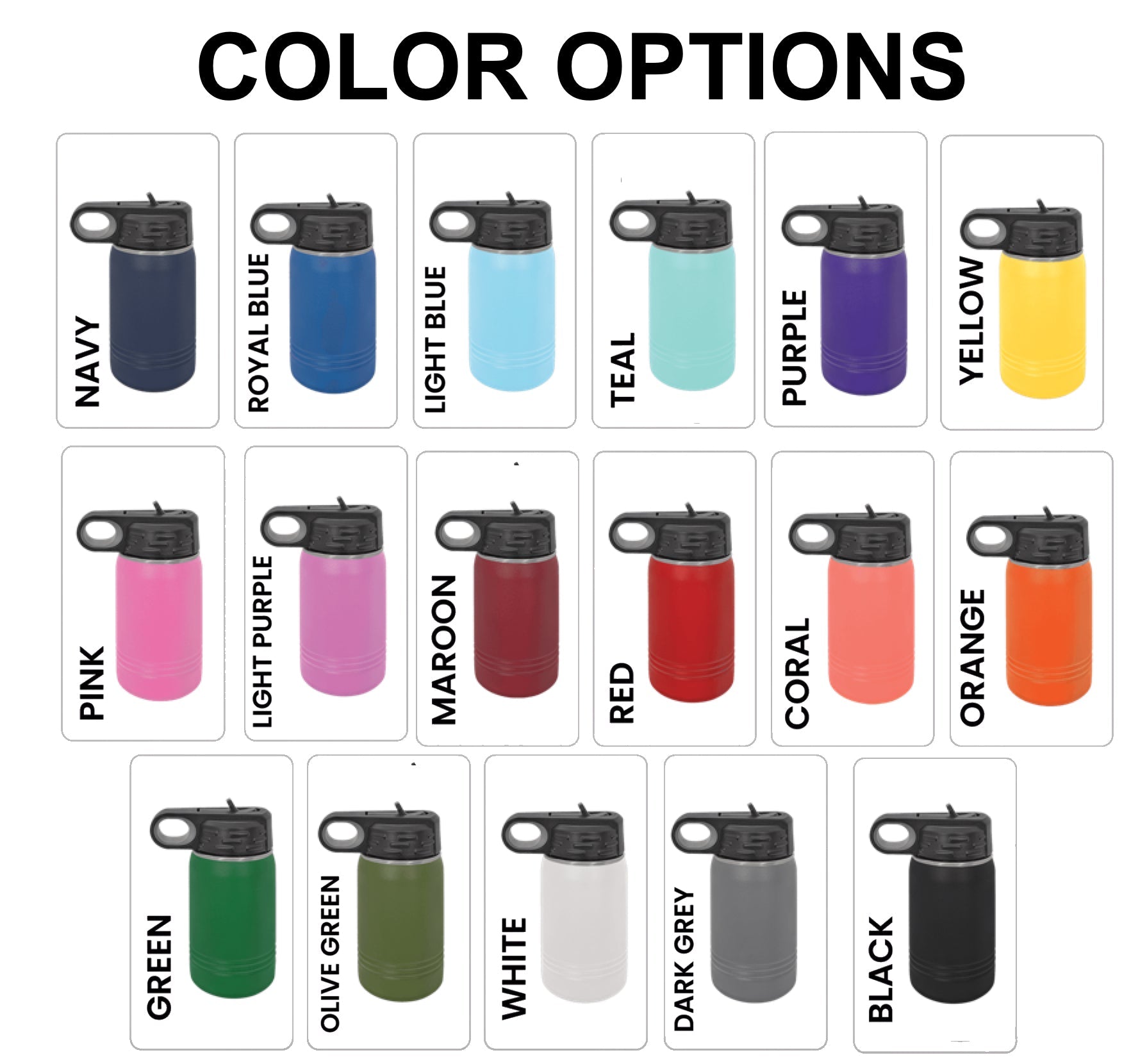 laser engraved 12 oz insulated water bottles in assorted color options, suitable for promotional branding and custom logo engraving.