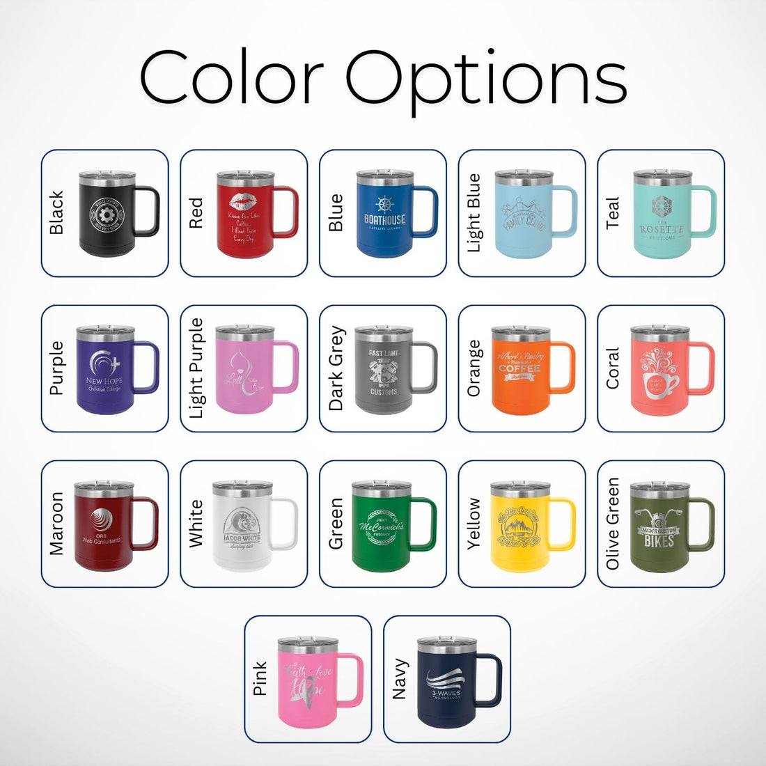 Custom 15oz vacuum insulated stainless steel mugs with slider lids displayed on a marble countertop. The mugs feature custom logos and designs.  Perfect for corporate branding, promotional gifts, or personalized drinkware.