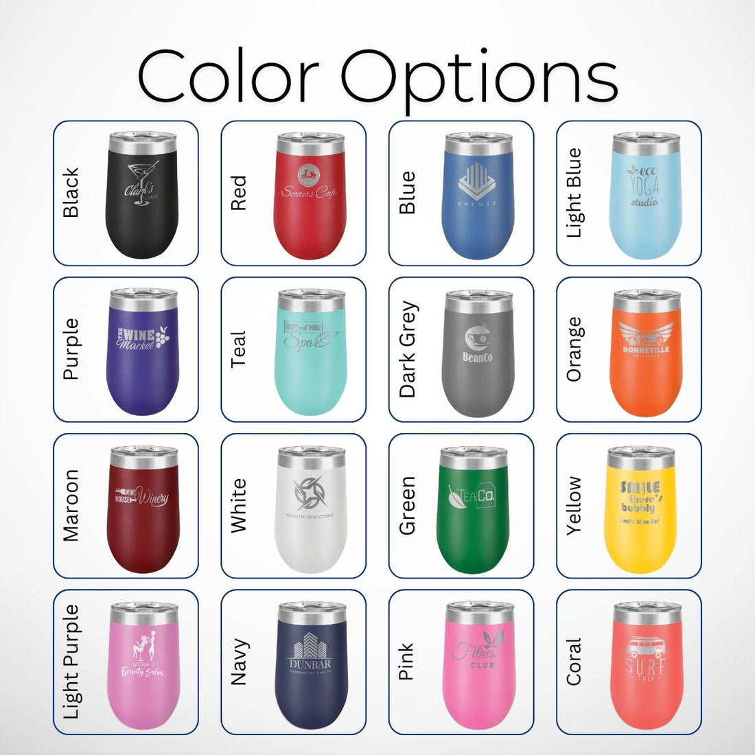 Custom 16oz vacuum insulated stainless steel stemless tumblers with lids, displayed in gray, black, and white. Perfect for wine, coffee, or cocktails, these tumblers are ideal for corporate branding, promotional gifts, or personalized drinkware.