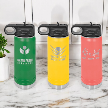 Variety of laser engraved 20 oz insulated water bottles with personalized logos, perfect for promotional products, corporate branding, and custom gifts.