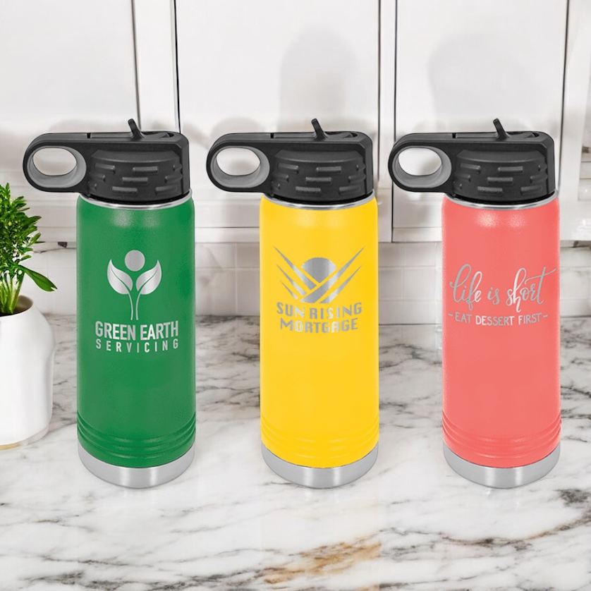 Variety of laser engraved 20 oz insulated water bottles with personalized logos, perfect for promotional products, corporate branding, and custom gifts.