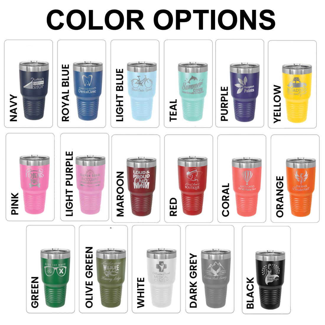 Three custom 30oz insulated stainless steel tumblers with slider lids displayed on a marble countertop.  Perfect for corporate branding, promotional gifts, or personalized drinkware.