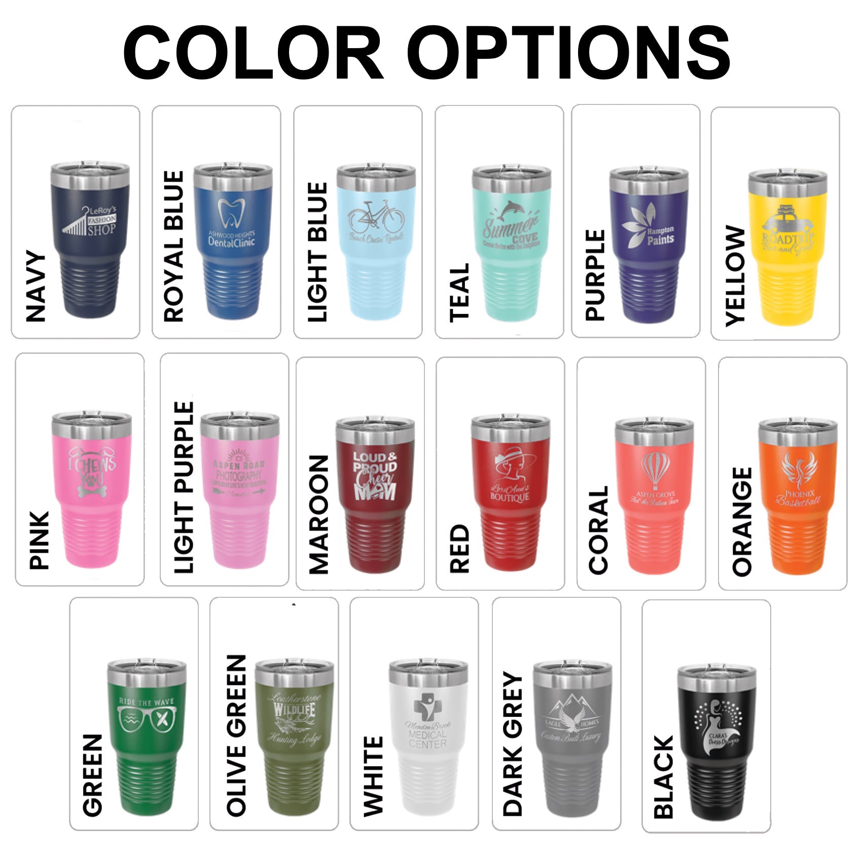 Custom 30oz stainless steel tumblers with slider lids in various vibrant colors, showcasing personalized logos for businesses, boutiques, medical centers, and more. These double-wall insulated Polar Camel tumblers are designed for corporate branding, promotional gifts, and personalized drinkware. Perfect for keeping beverages hot or cold and fitting most standard cup holders.