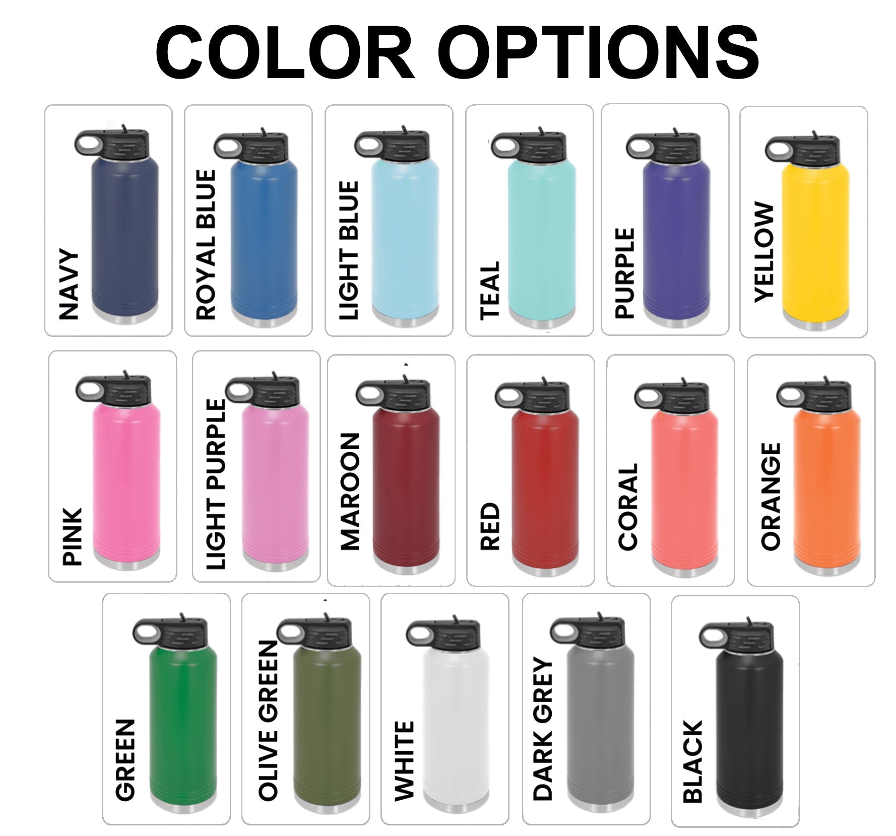 Color options for 32 oz insulated water bottle, available in 17 colors for custom logo engraving, ideal for promotional branding and corporate gifts.