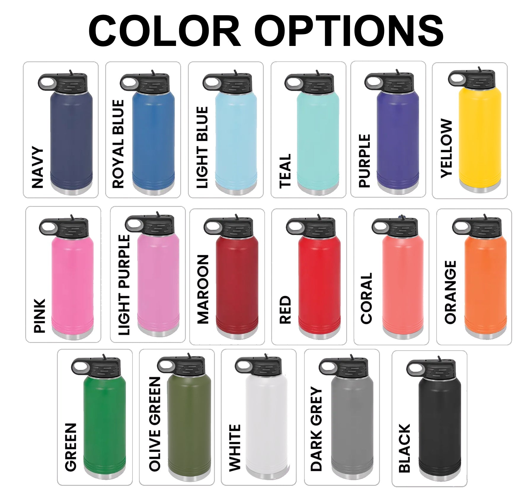 Variety of 40 oz insulated water bottle colors, suitable for promotional products, branded giveaways, and custom logo engraving.