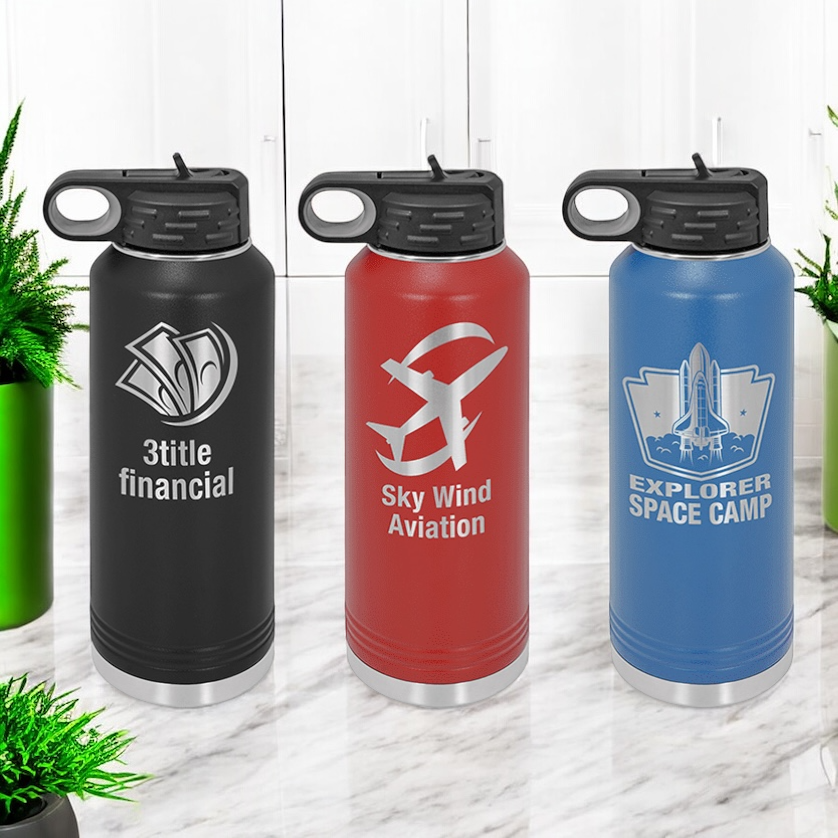 Custom logo engraved 40 oz insulated water bottles in multiple colors, ideal for corporate gifts and promotional branding events.