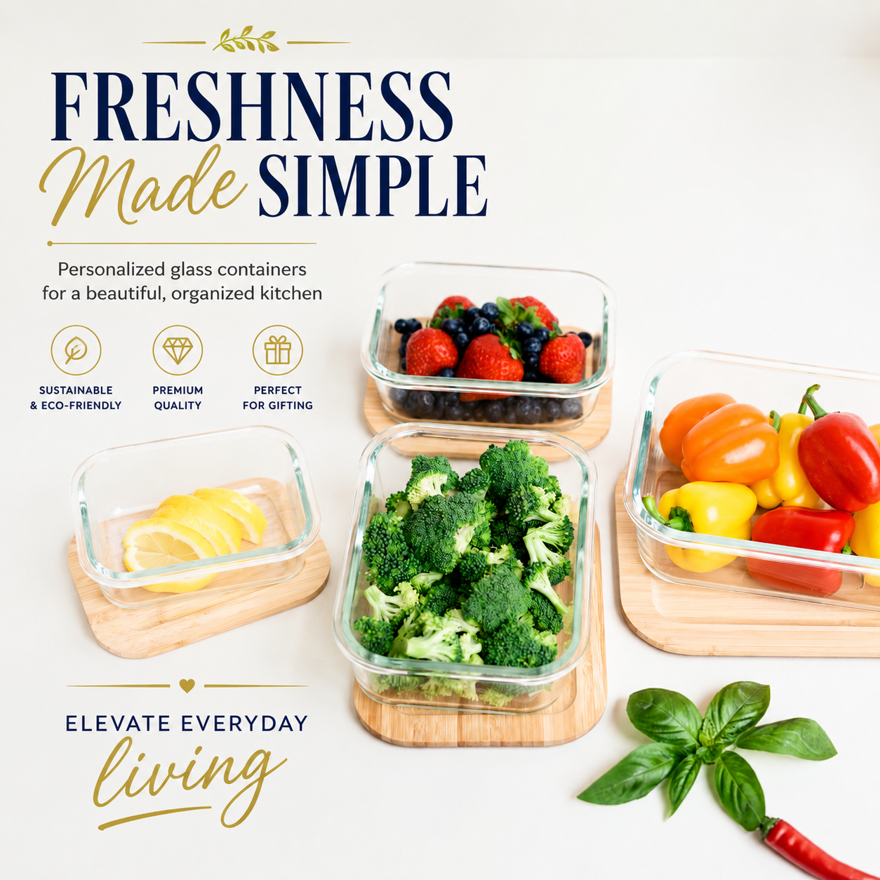 Luxury personalized glass food storage container set with bamboo lids displayed in a modern kitchen setting. Eco-friendly kitchen storage containers perfect for meal prep, pantry organization, realtor closing gifts, housewarming gifts, sustainable kitchen décor, and personalized gifts for new homeowners.
