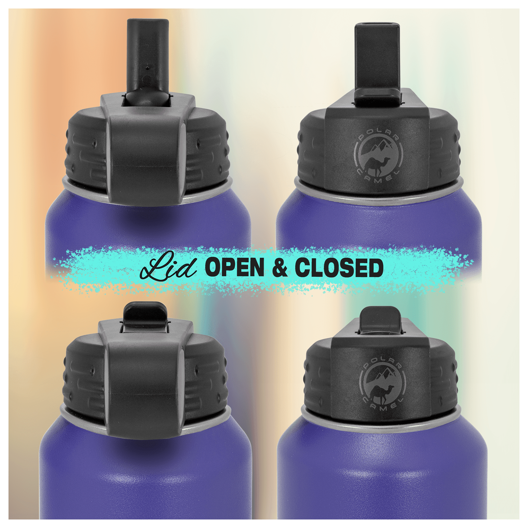 Insulated water bottle lid shown in open and closed positions, ideal for promotional branding and corporate gifts.