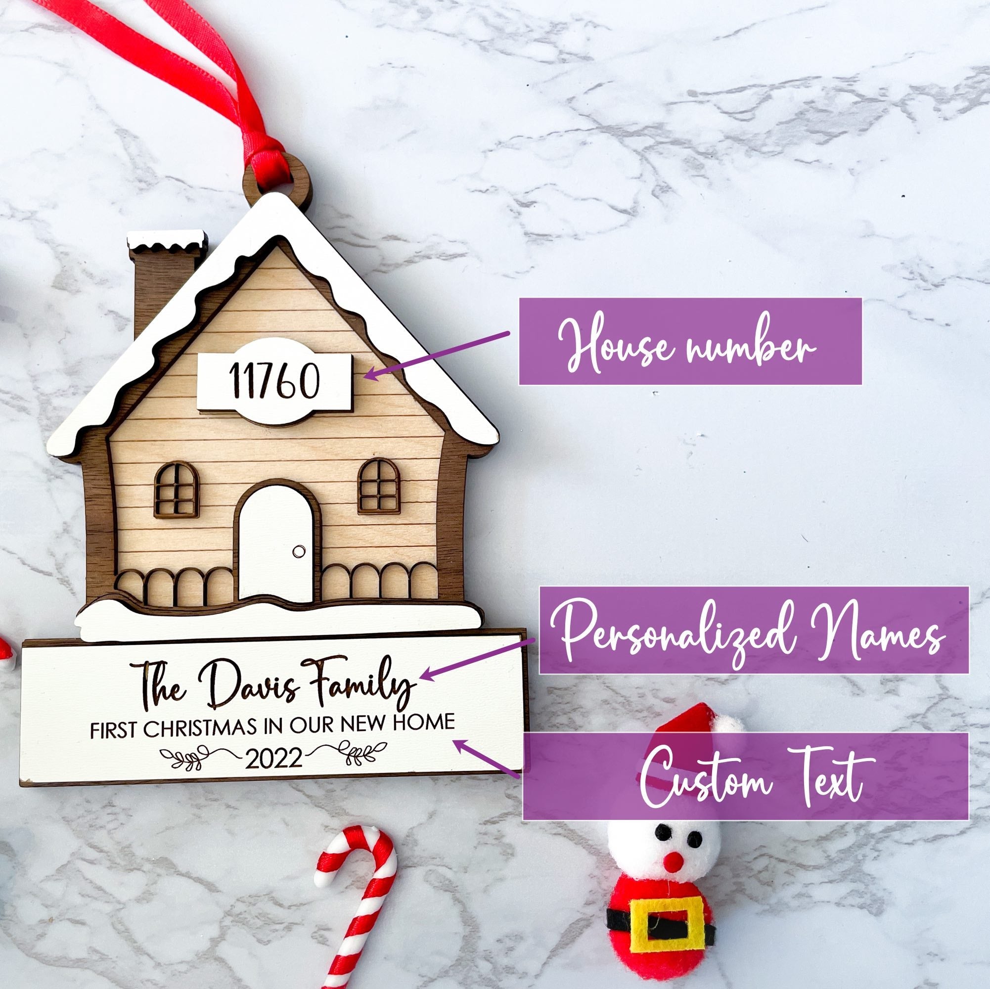 Celebrate the purchase of your new home this holiday season with a new home Christmas ornament.  Our new home ornament is made with a mix of wood, mdf and acrylic and is 3 layers.   Our commemorative 2022 new home Christmas ornament makes a memorable housewarming gift or real estate closing gift.