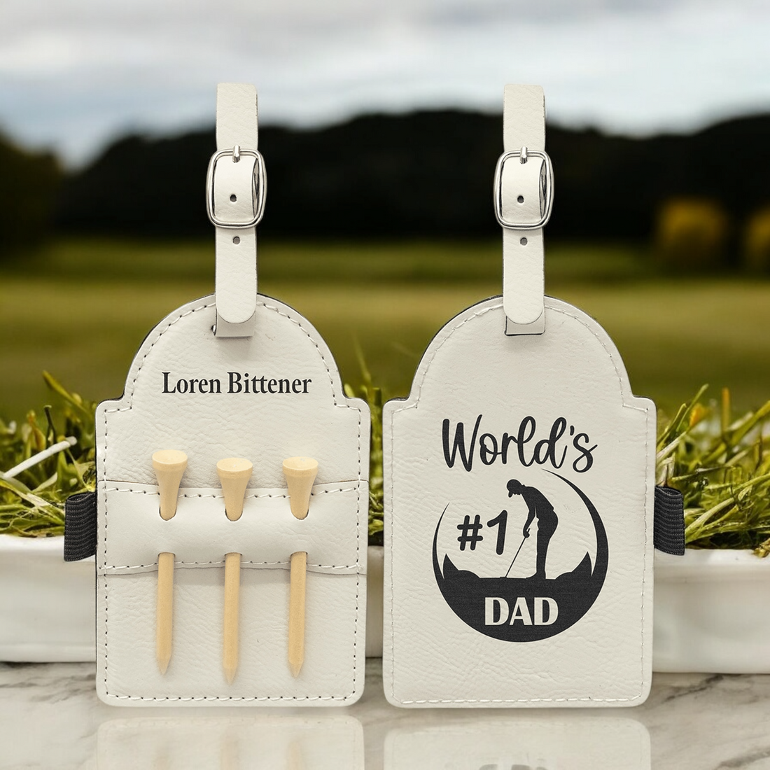 Custom Laser Engraved Leatherette Golf Bag Tag with 3 Wooden Tees - Available in 10 Colors