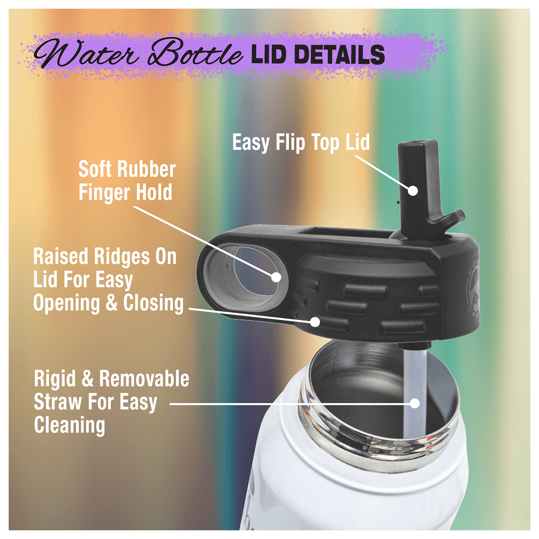 Insulated water bottle lid details with easy flip top, soft rubber hold, and removable straw, suitable for corporate branded gifts and promotional products.