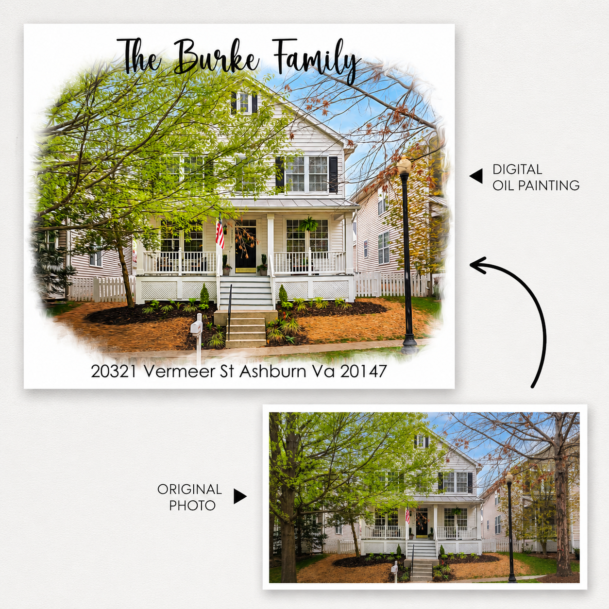 Before and after comparison of a custom digital oil painting house portrait featuring the original home photo alongside a personalized digital artwork with family name and address, ideal as a realtor closing gift or housewarming keepsake.