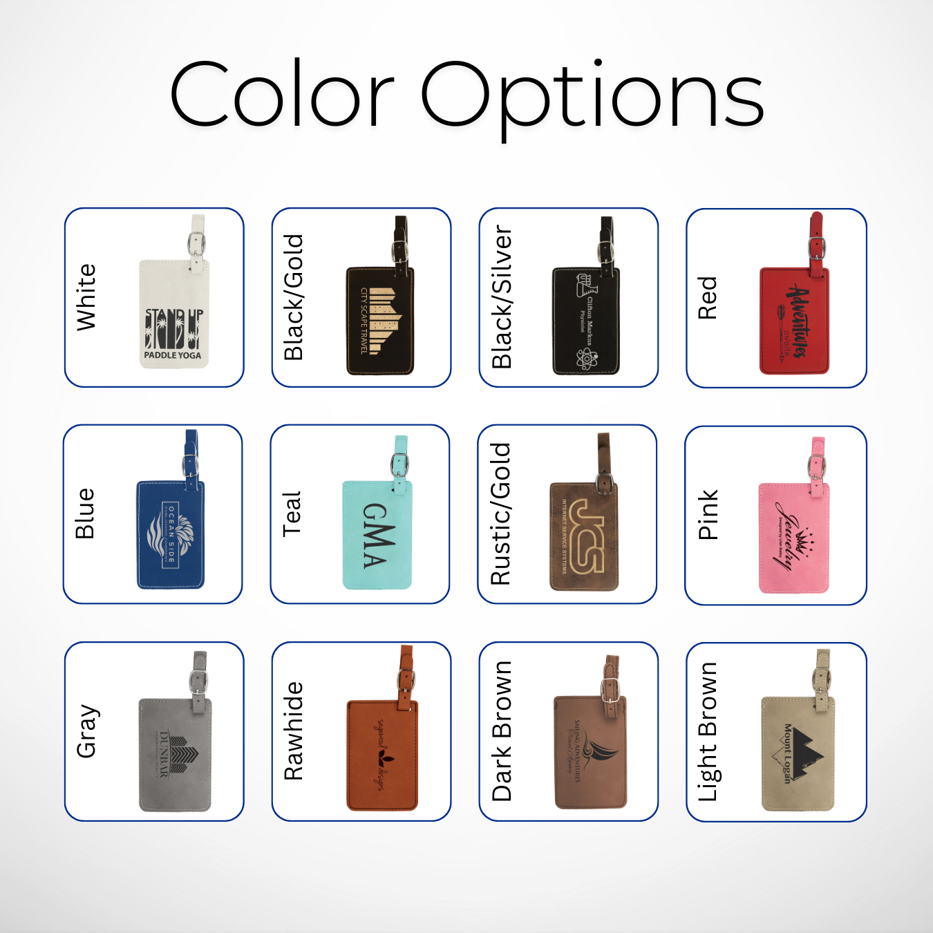 Color options for custom laser-engraved leatherette luggage tags, available in white, black/gold, black/silver, red, blue, teal, rustic/gold, pink, gray, rawhide, dark brown, and light brown, perfect for corporate branding and personalized travel gifts.