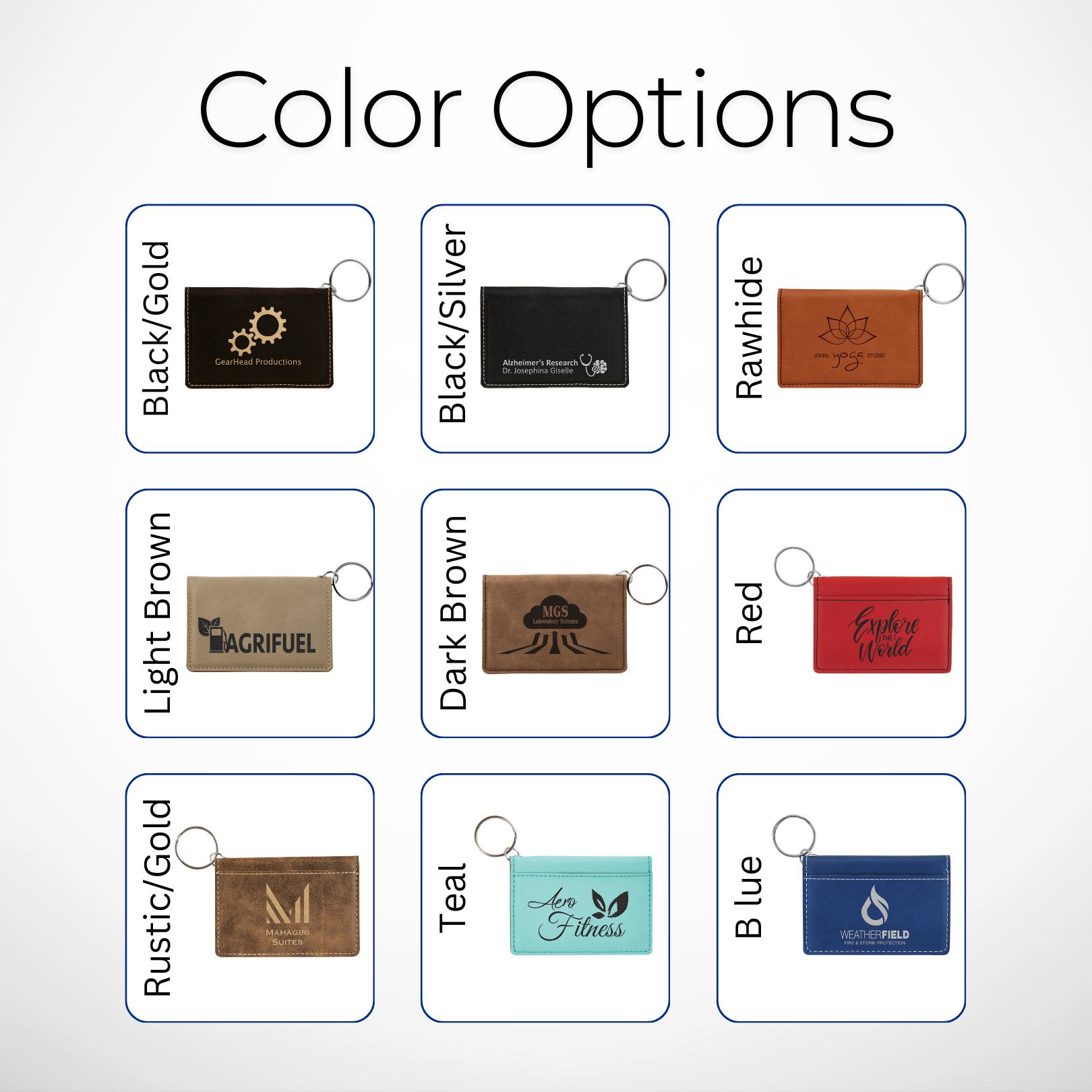 Color options for custom laser-engraved leatherette keychain ID holders, perfect for corporate branding, promotional products, employee gifts, and personalized giveaways. Available in black/gold, black/silver, rawhide, light brown, dark brown, red, rustic/gold, teal, and blue.