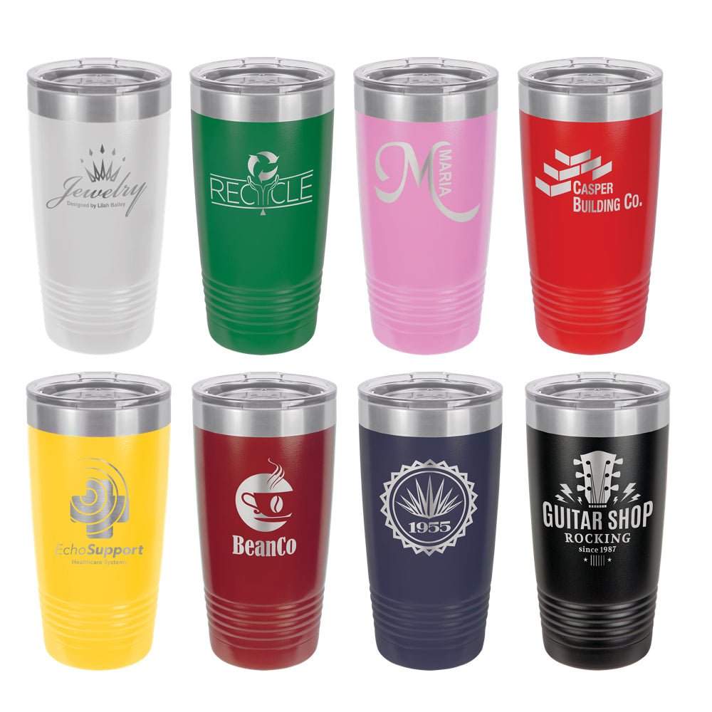 Custom engraved 20oz insulated tumblers in various colors.  Can add your logo, name, or design for a unique, personalized touch.
