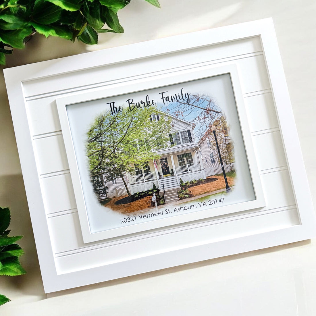 Custom digital oil painting style home portrait in white beadboard frame personalized with family name and address for realtor closing gifts and new homeowners