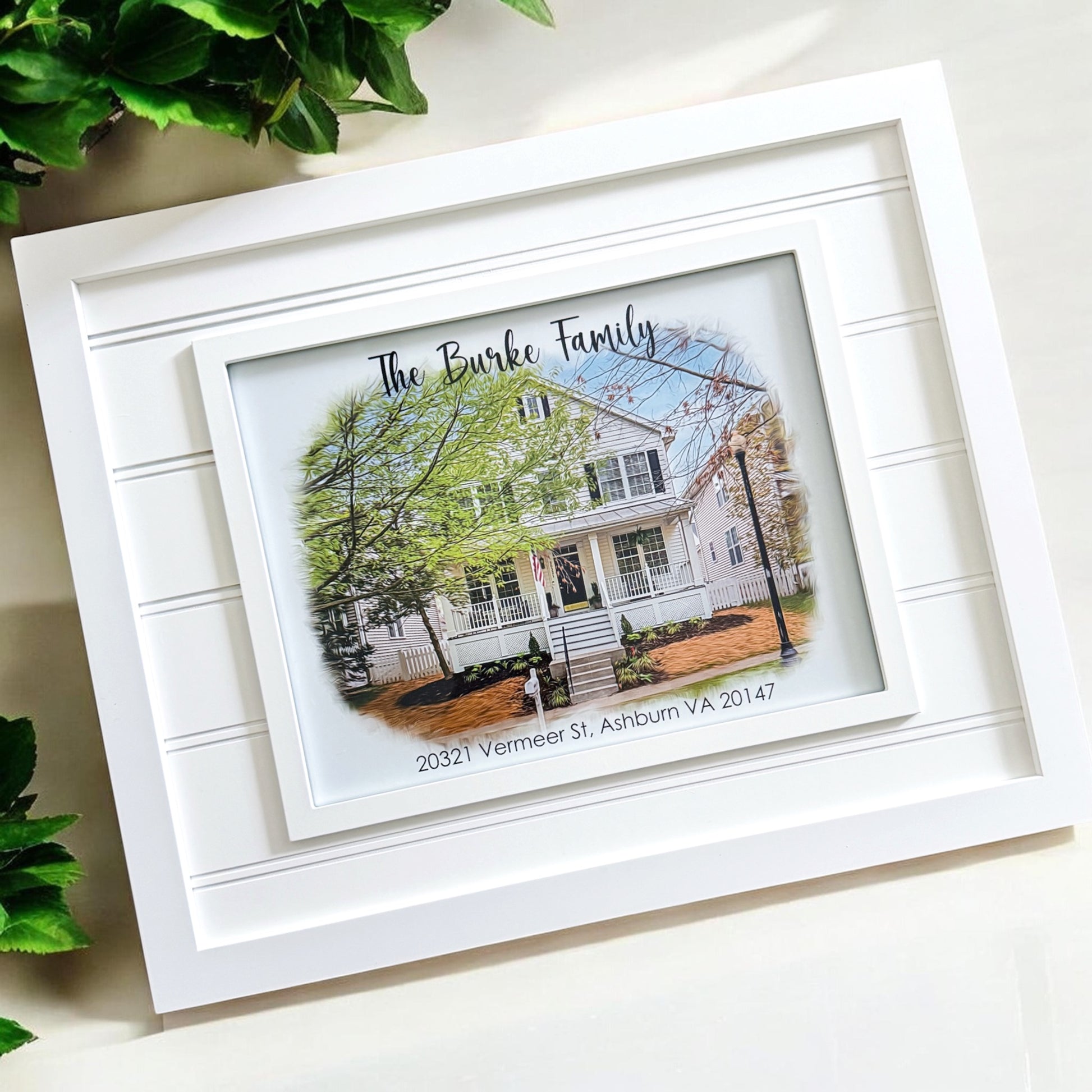 Custom digital oil painting style home portrait in white beadboard frame personalized with family name and address for realtor closing gifts and new homeowners