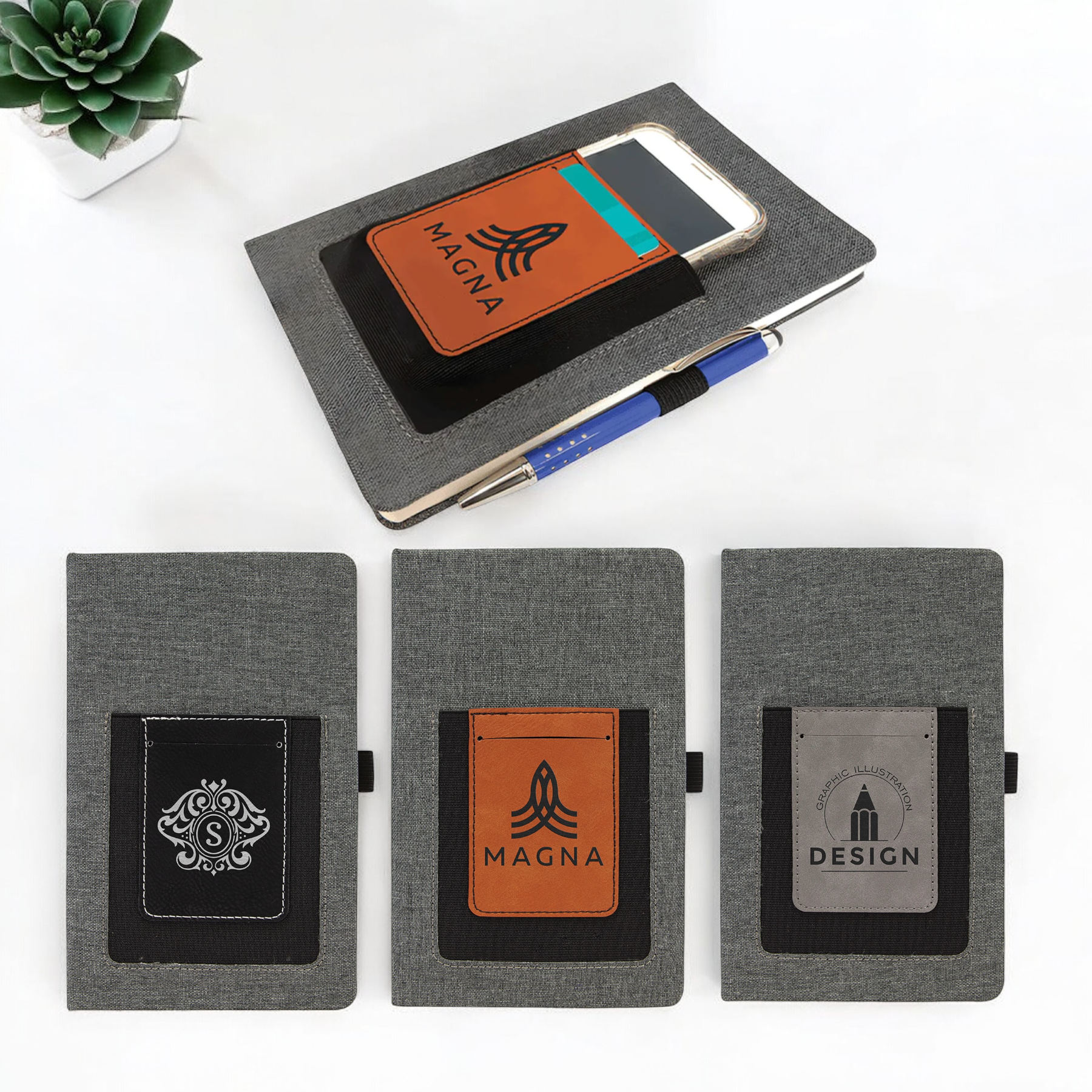 Custom laser-engraved leatherette journal with elastic phone holder, card slot, and pen loop, ideal for corporate branding, promotional giveaways, and professional gifts.