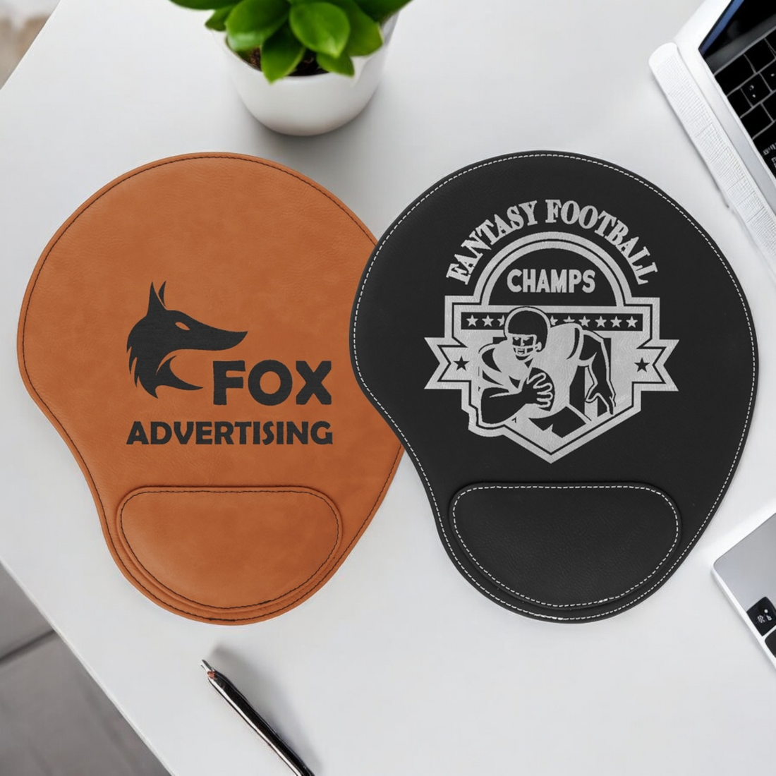 Custom laser engraved leatherette mouse pad with wrist rest in navy blue, featuring the corporate logo. Made from water-resistant, durable synthetic leatherette material, perfect for corporate branding, personalized desk accessories, or promotional gifts. Elegant design with a leather-like texture, available in 16 colors.