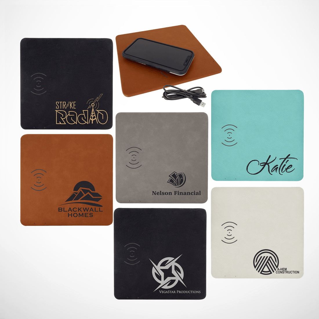 Custom laser-engraved 8x8 leatherette phone charging mat with wireless charging capability, perfect for corporate branding and personalized gifts.