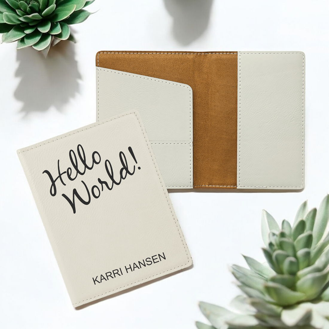 Custom laser-engraved leatherette passport holder with three slots for passport, IDs, and credit cards, perfect for corporate branding and personalized travel gifts.