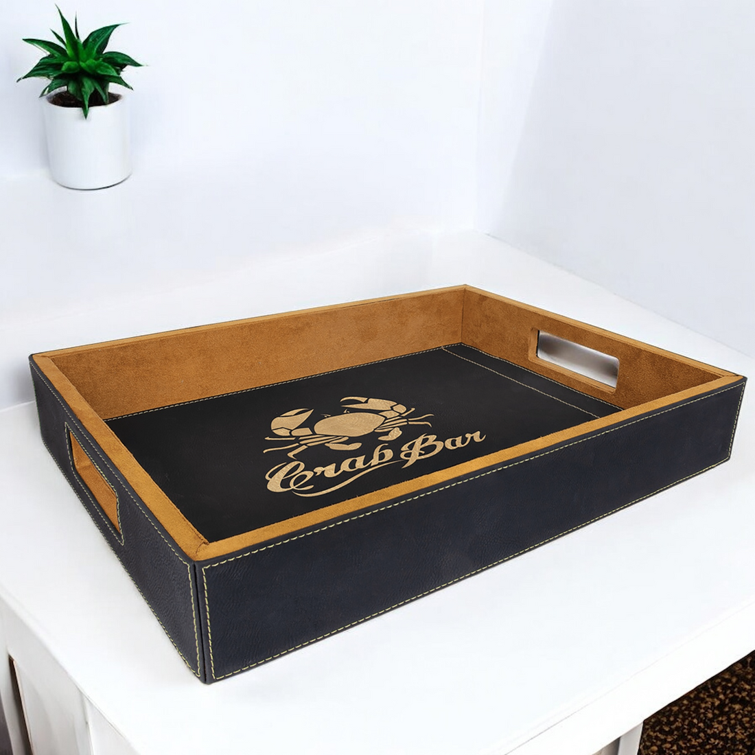 Custom 16" x 12" Laserable Leatherette Serving Tray with a suede-like brown finish, perfect for engraving logos or personal designs. Ideal for serving, organizing, or as a decorative centerpiece.