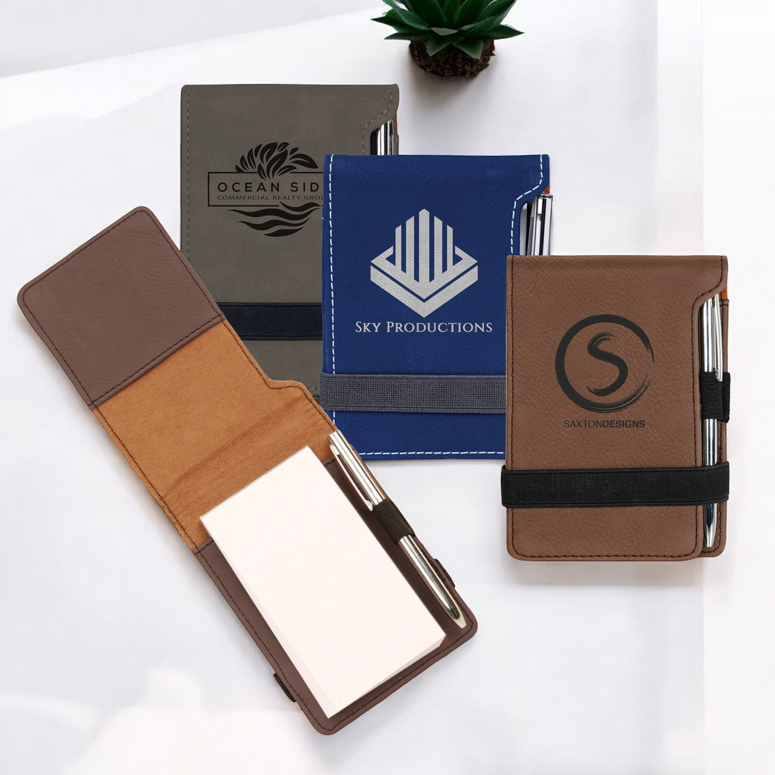 Custom Laserable Leatherette Mini Notepad with Pen – Compact 3 1/4" x 4 3/4" design featuring a customizable cover, black ink pen, and additional storage pocket, ideal for corporate branding, promotional gifts, and everyday note-taking.