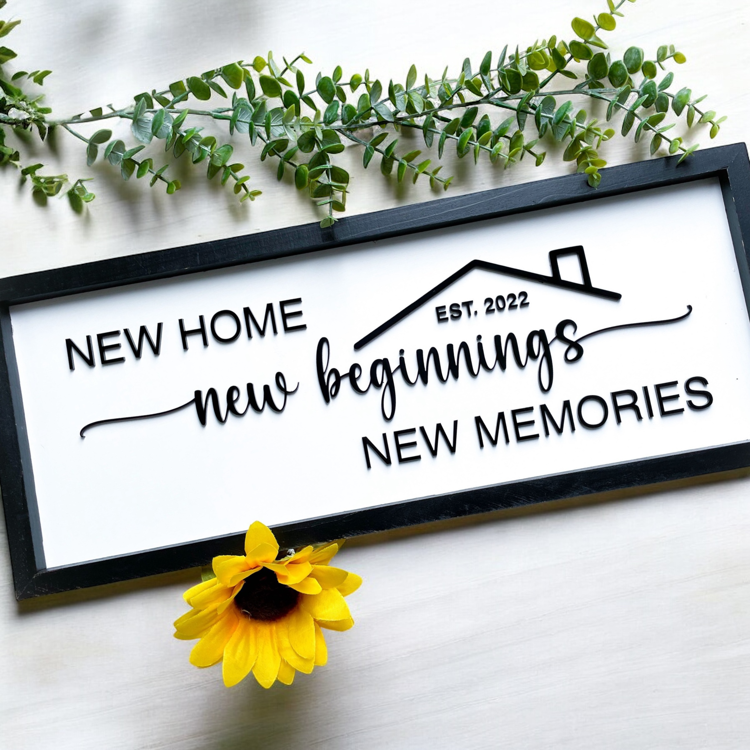 Custom 'New Home, New Beginnings, New Memories' sign with personalized year – perfect housewarming gift for new homeowners.