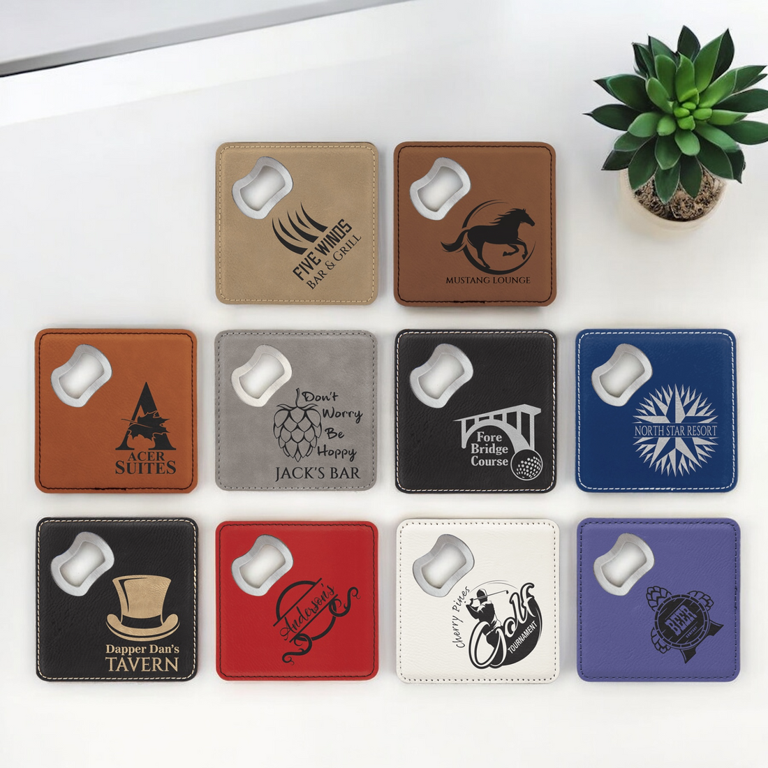 Customizable square leatherette coasters with built-in bottle opener, featuring engraved designs for corporate branding, promotional gifts, bars, and special events.