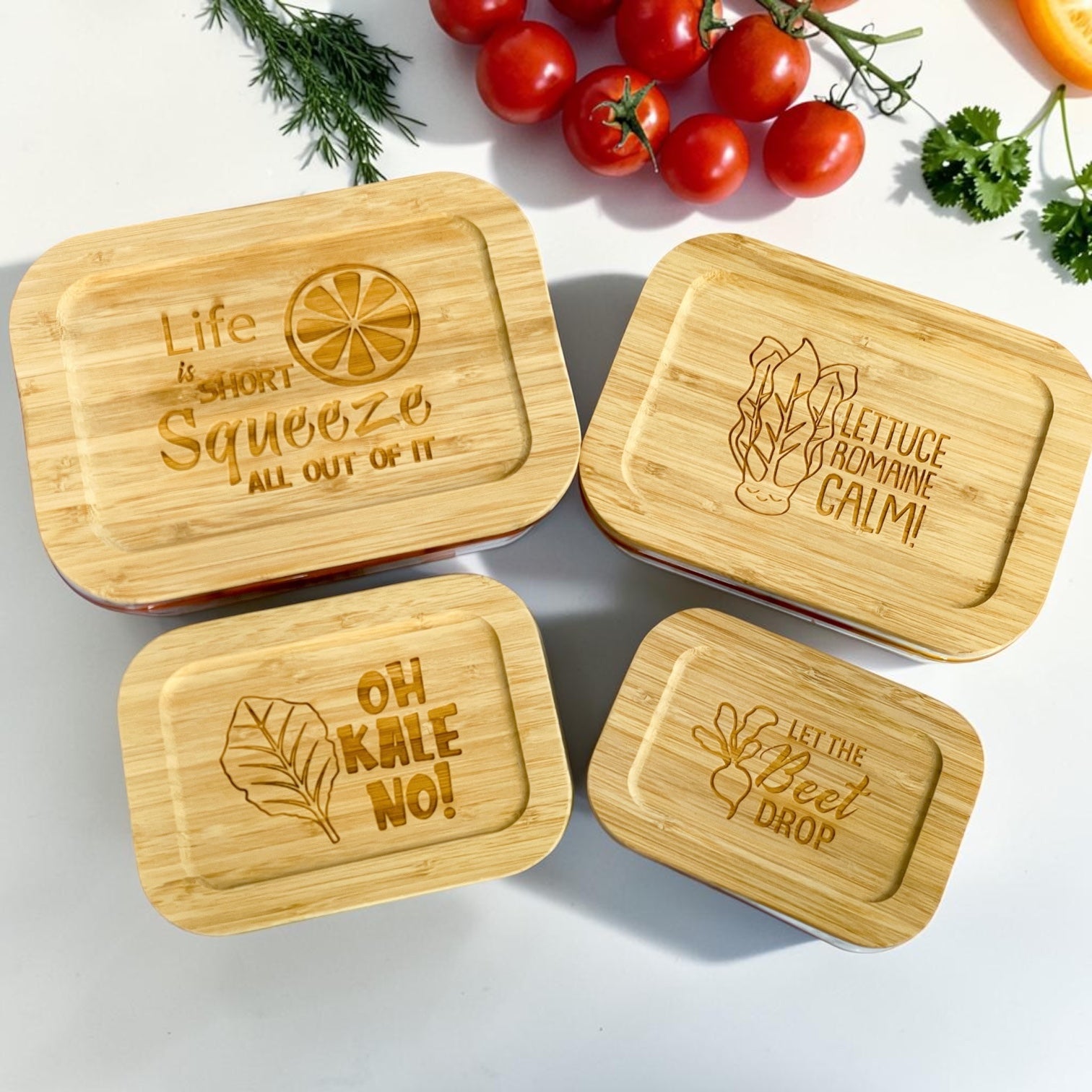 Luxury engraved glass food storage container set with bamboo lids featuring playful kitchen sayings and produce-themed designs. Stylish eco-friendly kitchen storage containers make thoughtful realtor closing gifts, modern housewarming gifts, and personalized kitchen gifts for new homeowners.