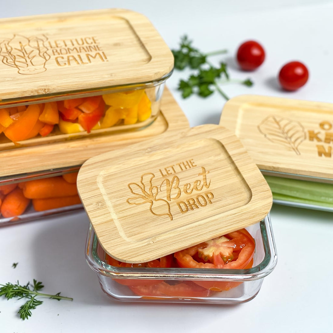 Funny engraved glass food storage container set with bamboo lids featuring playful kitchen pun sayings and eco-friendly reusable storage containers. Stylish kitchen organization set ideal for realtor closing gifts, modern housewarming gifts, and personalized kitchen gifts for new homeowners.