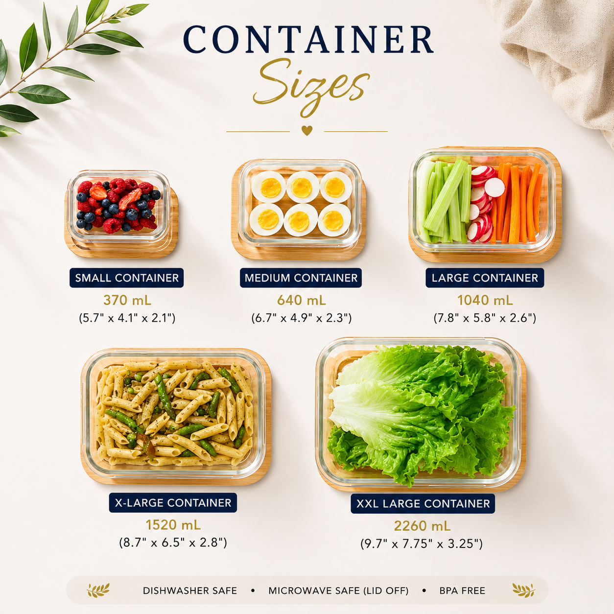 Infographic size guide for personalized glass food storage containers with bamboo lids showing small, medium, large, XL, and XXL container capacities and dimensions. Elegant eco-friendly kitchen storage set perfect for meal prep, pantry organization, sustainable living, realtor closing gifts, and luxury housewarming gifts for new homeowners.
