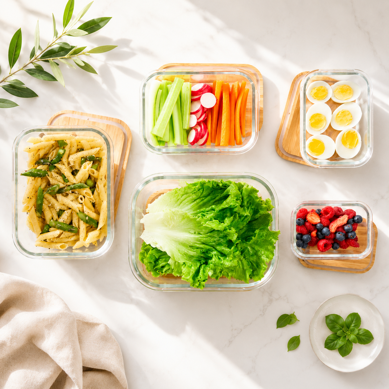 Bright overhead flat lay of luxury glass food storage containers with bamboo lids filled with fresh vegetables, berries, eggs, pasta, and greens. Elegant eco-friendly kitchen storage set perfect for meal prep, pantry organization, sustainable living, realtor closing gifts, housewarming gifts, and personalized kitchen gifts for new homeowners.