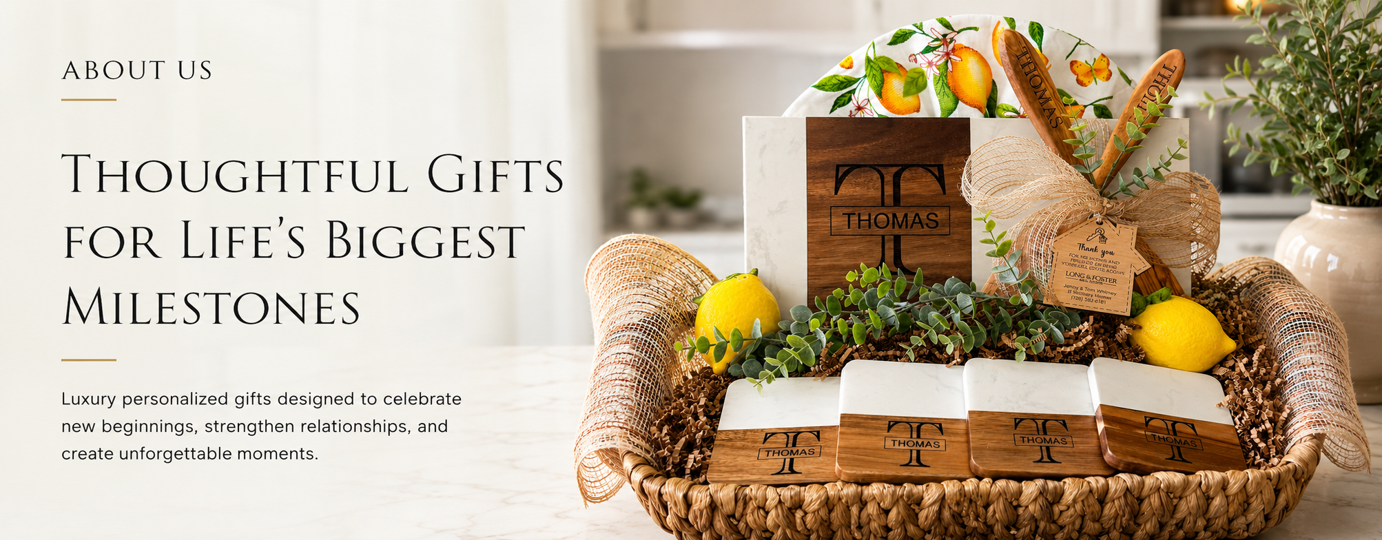 Luxury personalized closing gift basket with engraved marble and acacia coasters, custom serving board, engraved wooden spoons, and real estate client thank-you tag styled in an elegant neutral kitchen setting for housewarming and realtor gifts.slider_item_6Vy4Ha