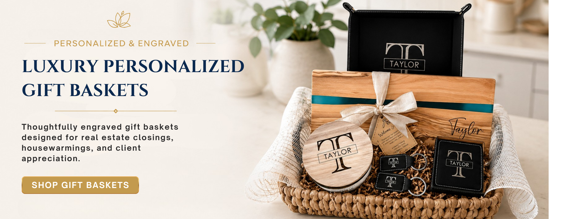 Luxury personalized gift basket with engraved olive wood serving board, custom leatherette coasters, keychains, and gift tag styled in woven basket for real estate closing gifts, housewarming gifts, and client appreciation.slider_item_KTGWDH