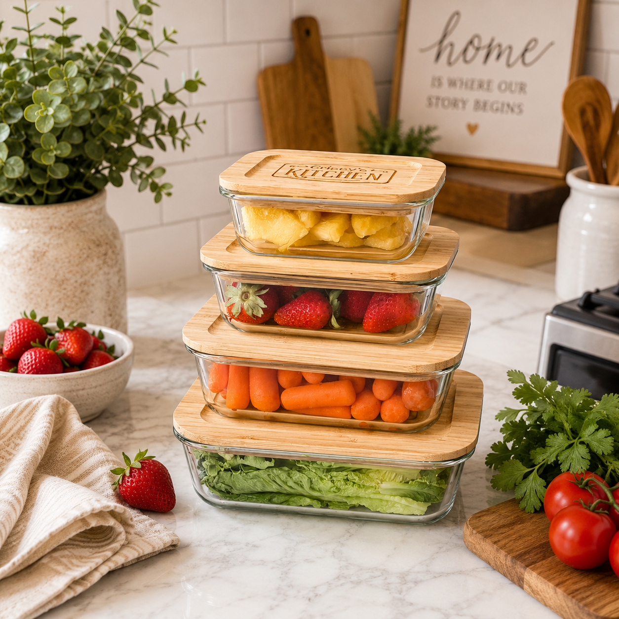 Luxury personalized glass food storage container set with engraved bamboo lids styled in an elegant modern kitchen countertop scene with fresh produce and warm neutral décor. Thoughtful realtor closing gift and personalized housewarming gift designed for sustainable kitchen organization, meal prep, elevated everyday living, and modern homeowners.
