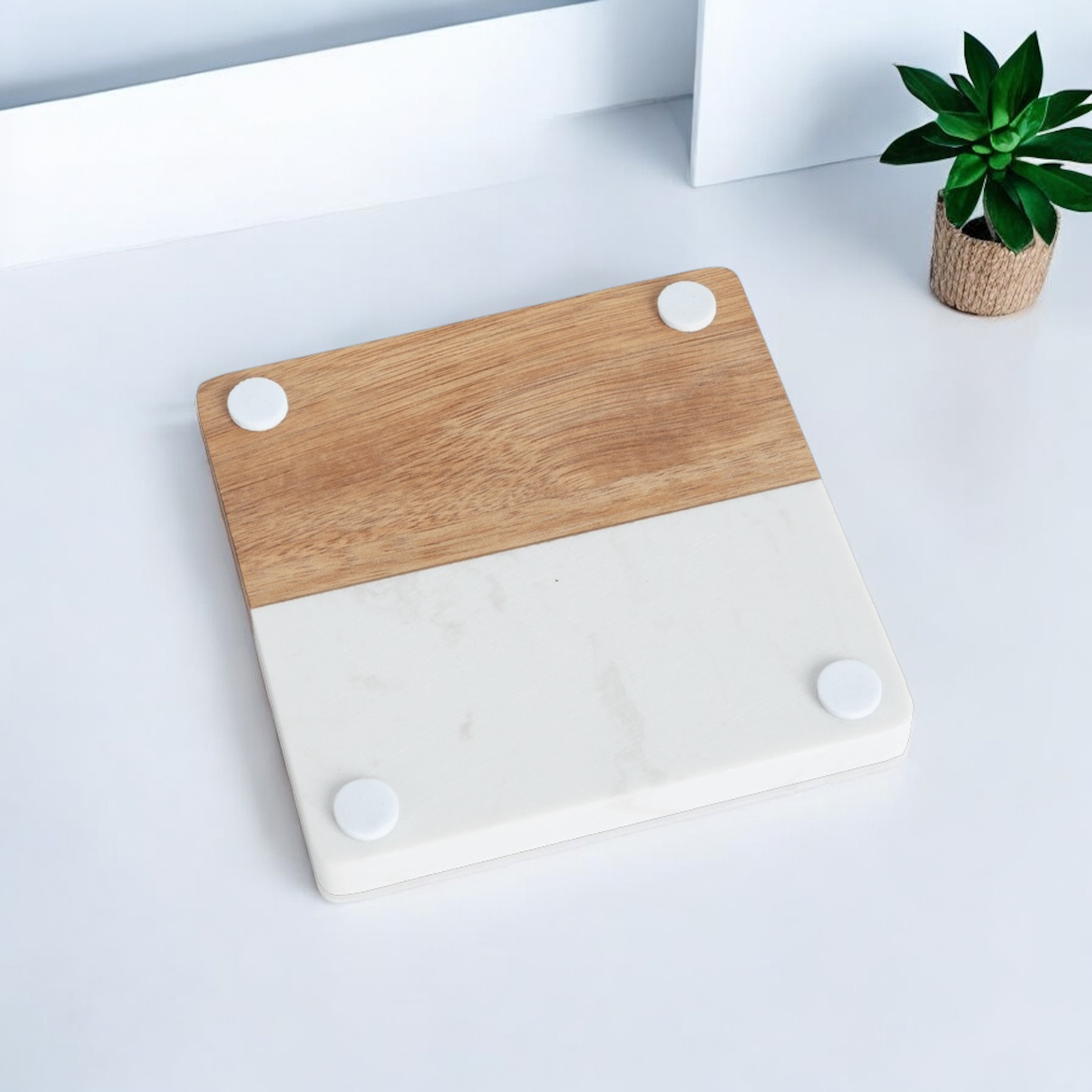 Backside of Marble and Acacia Wood Coaster featuring protective bumpers to prevent scratches, ideal for corporate branding, employee appreciation, and professional gifting.