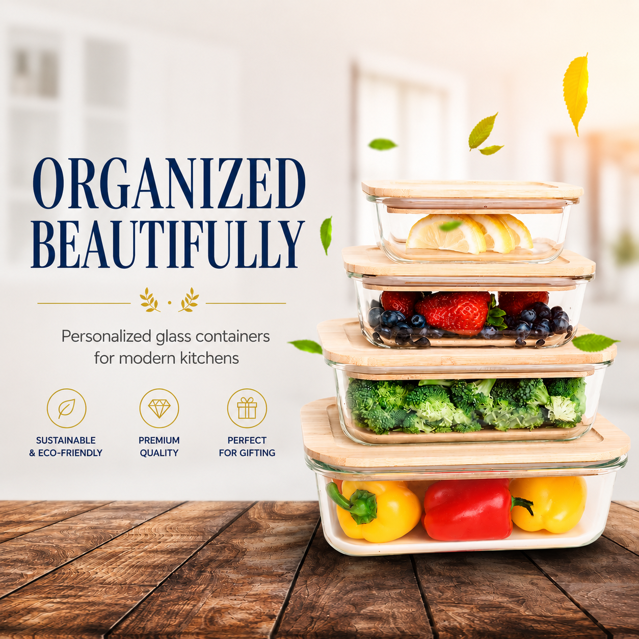 Luxury personalized glass food storage container set with bamboo lids displayed in a modern kitchen setting. Eco-friendly kitchen storage containers perfect for meal prep, pantry organization, realtor closing gifts, housewarming gifts, sustainable kitchen décor, and personalized gifts for new homeowners.