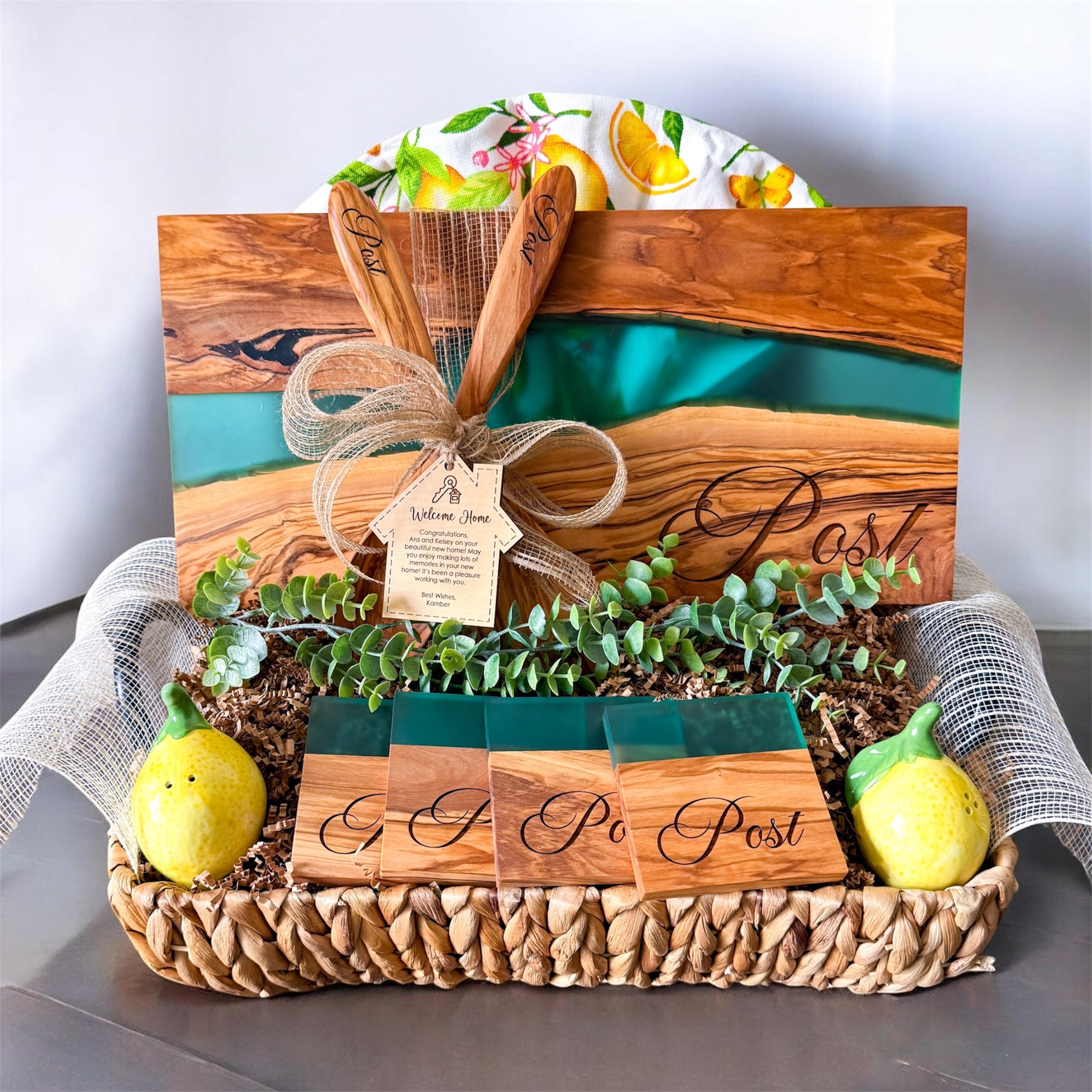 Personalized Blue River Resin & Olive Wood Cutting Board Gift Basket