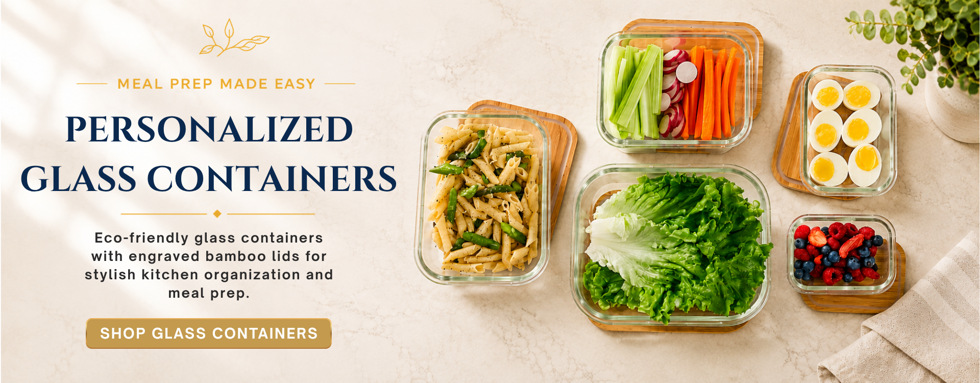 Mobile hero banner featuring personalized glass food storage containers with engraved bamboo lids styled with fresh vegetables and meal prep foods on a warm neutral kitchen background. Eco-friendly reusable glass containers for kitchen organization, meal prep, housewarming gifts, and personalized family kitchen storage.slider_item_8rmqim
