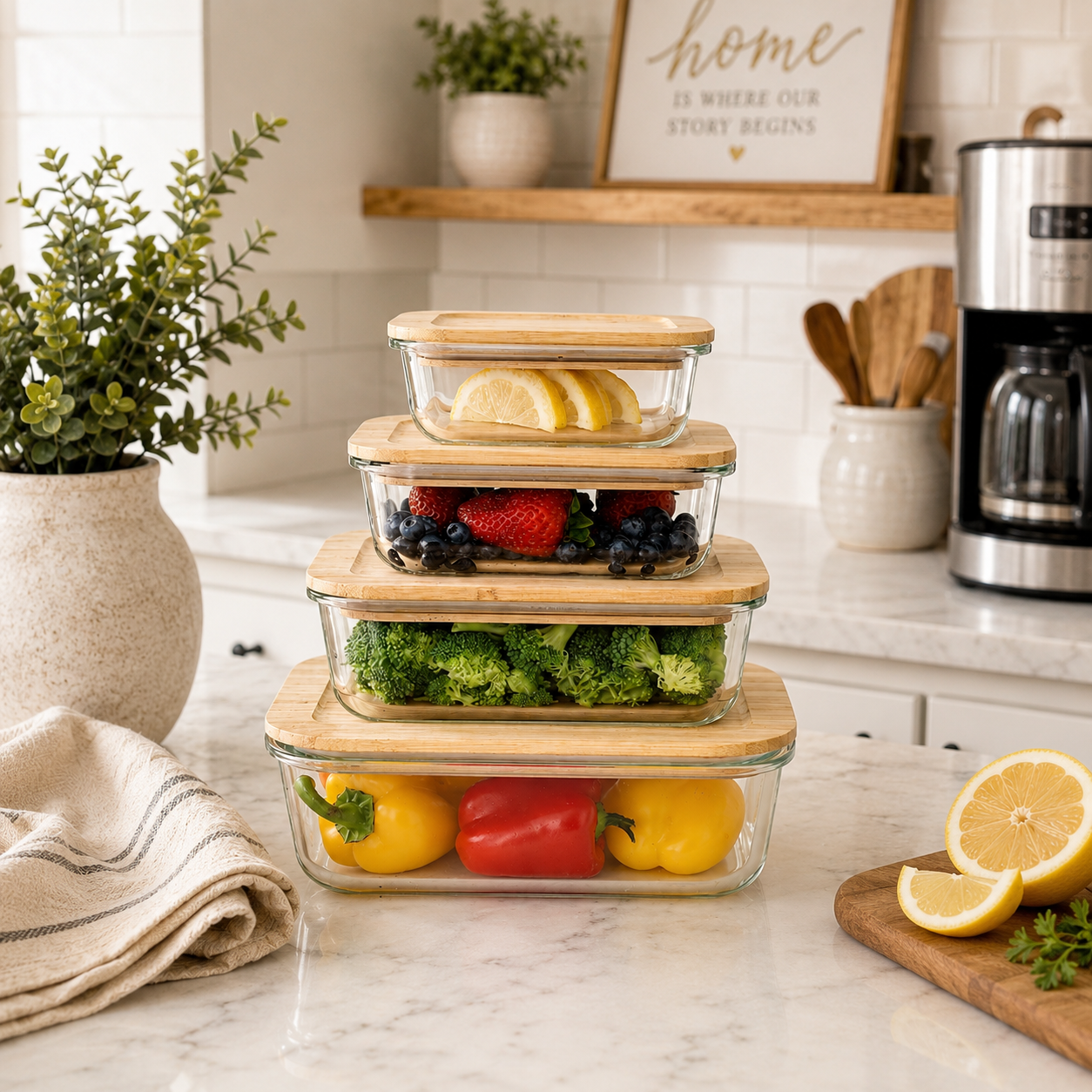 Personalized glass food storage containers with bamboo lids displayed with fresh fruit and vegetables in a clean modern kitchen. Luxury realtor closing gift and housewarming gift featuring eco-friendly kitchen storage for meal prep, pantry organization, sustainable living, and personalized gifts for new homeowners and families.