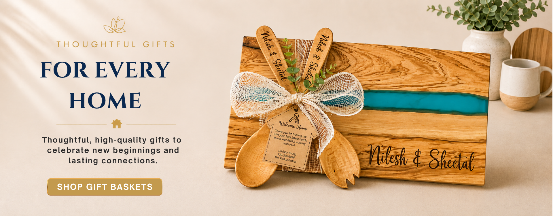 Mobile banner showcasing a luxury personalized olive wood cutting board gift with engraved spoons and welcome home gift tag. Ideal for realtor closing gifts, housewarming gifts, client appreciation gifts, personalized kitchen gifts, and elegant real estate gifting for new homeowners.slider_item_KTGWDH