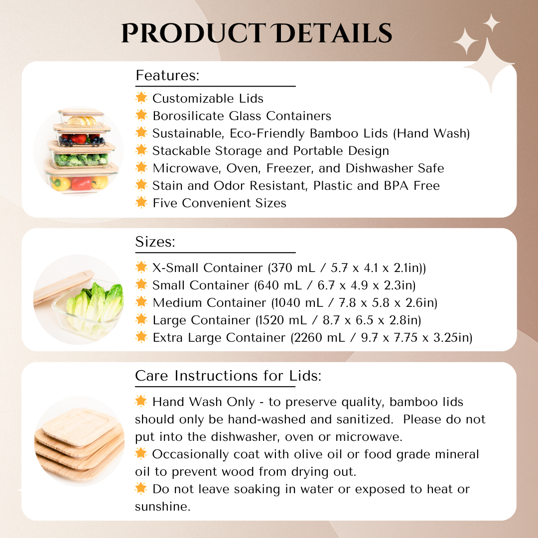 Product details infographic for personalized glass food storage containers with bamboo lids featuring borosilicate glass, eco-friendly bamboo lids, stackable storage, microwave and dishwasher safe glass, available container sizes, and care instructions for sustainable kitchen organization and realtor closing gifts.
