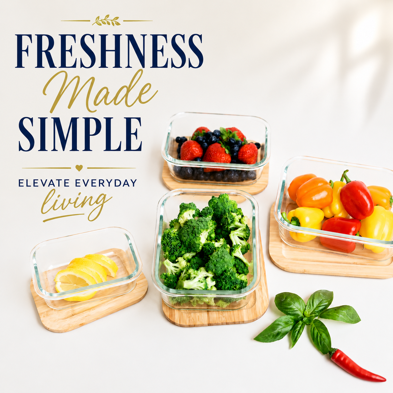 Luxury personalized glass food storage containers with bamboo lids displayed with fresh fruit and vegetables in a modern kitchen setting. Elegant eco-friendly kitchen storage solution featuring the phrases “Freshness Made Simple” and “Elevate Everyday Living,” perfect for realtor closing gifts, housewarming gifts, meal prep, pantry organization, and personalized gifts for new homeowners.
